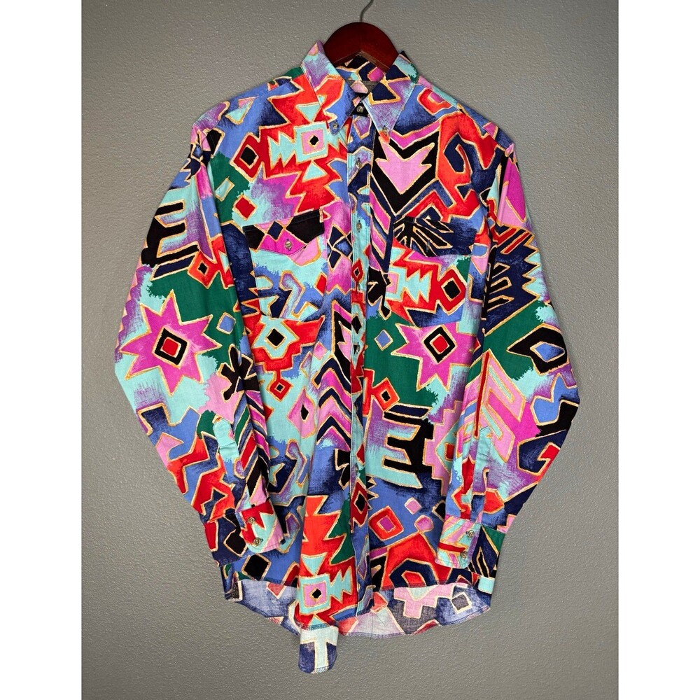 Vtg Wrangler Cowboy Cut Shirt Mens 16-33 USA Aztec Southwest Western 90s Cotton